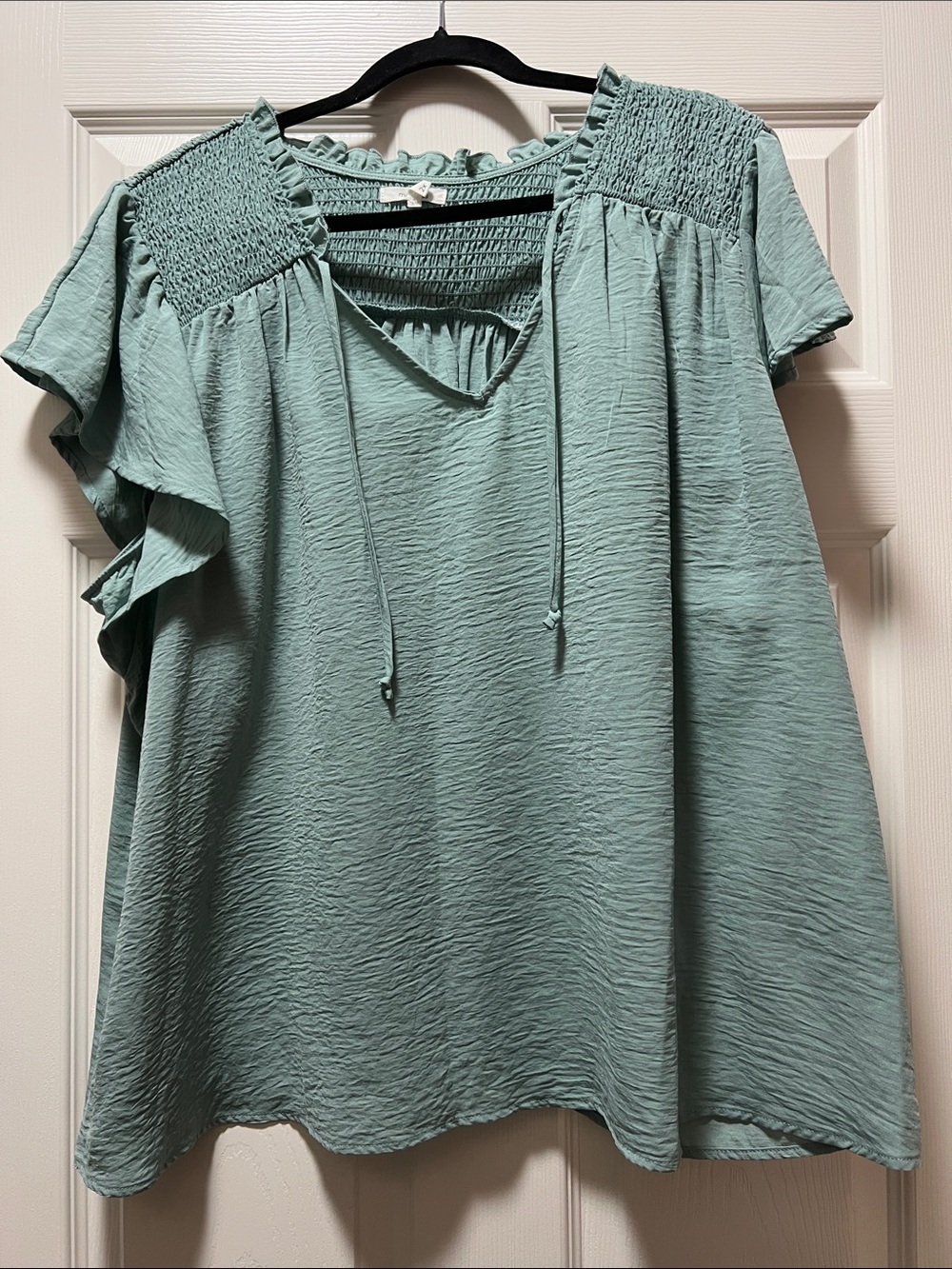 Maurice’s Sage Green Smocked Shoulder Ruffle Tie Neck Blouse